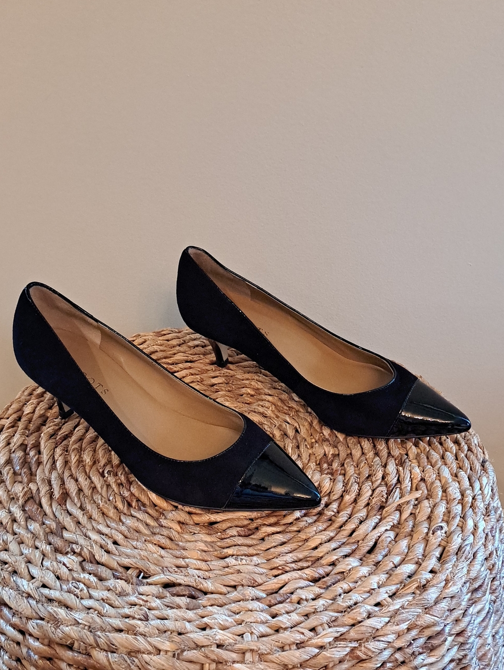 Talbots Womens Diane Black Suede/Cap Toe Patent Leather Kitten Formal Heels 7W